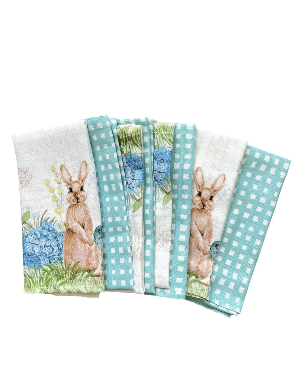 8pc NICOLE MILLER Bunny Rabbit Gingham Floral Cloth Napkins 18x18 Easter New